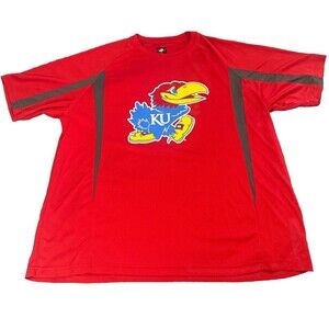 University of Kansas Men’s Red Short Sleeve JAY HAWK Polyester T Shirt Sz XXL